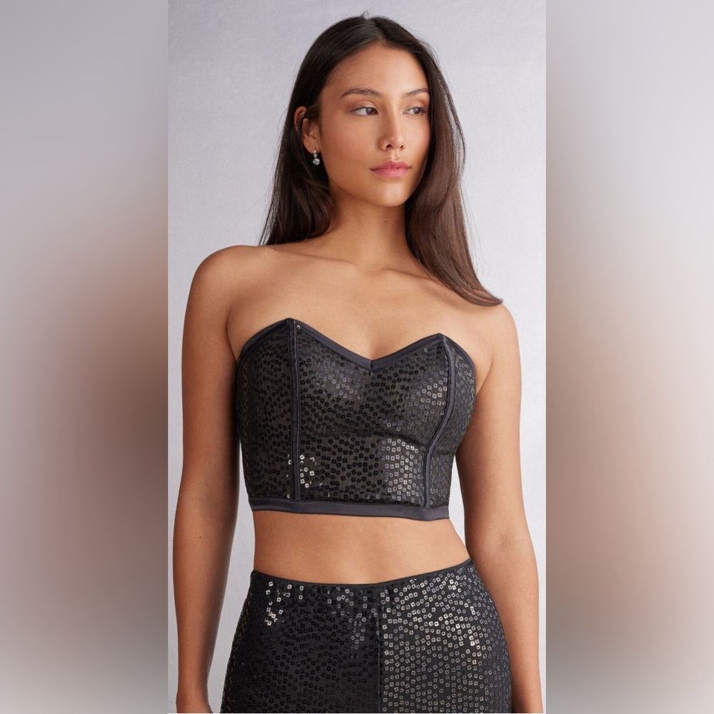 BNWT Intermissi Black Sequin Corset, Medium, See the Magic Structured Top, $48!